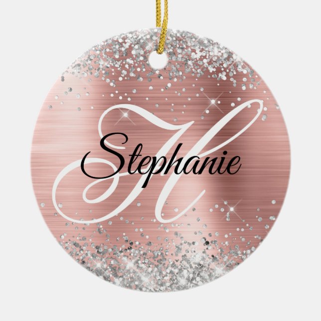 Silver Glitter Rose Guld Folie Snygg Monogram Julgransprydnad Keramik (Framsidan)
