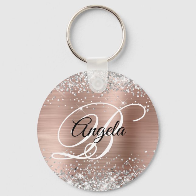 Silver Glitter Roséguld Fancy Monogram Nyckelring (Framsida)