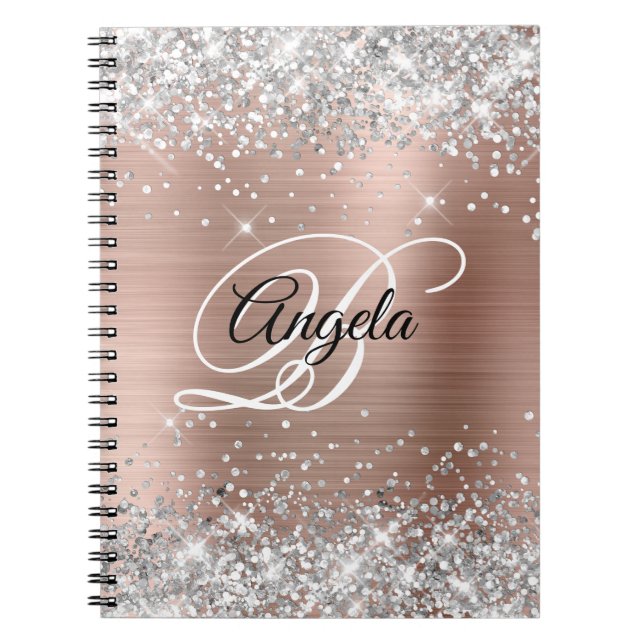Silver Glitter Roséguld Metallisk Fin Monogram Anteckningsbok (Framsidan)