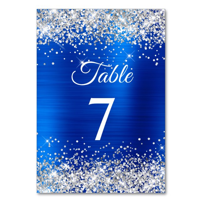 Silver Glitter Royal Blå Folie Elegant Kalligrafi Bordsnummer (Framsidan)
