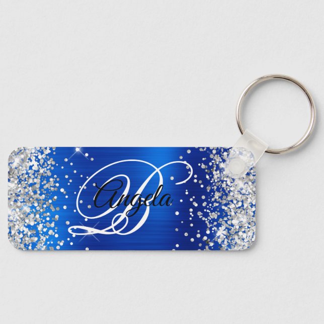 Silver Glitter Royal Blå Folie Fancy Monogram Nyckelring (Framsida)