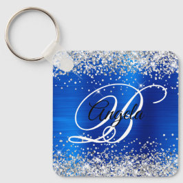 Silver Glitter Royal Blå Folie Fancy Monogram Nyckelring