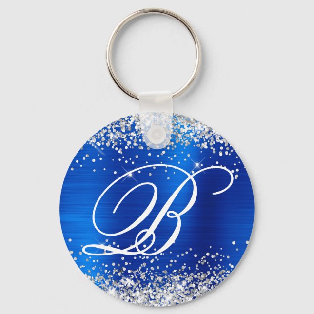 Silver Glitter Royal Blå Folie Fancy Monogram Nyckelring (Framsida)
