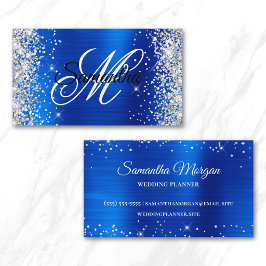 Silver Glitter Royal Blå Folie Fancy Monogram Visitkort