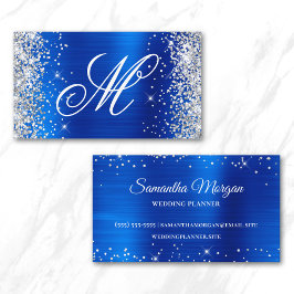 Silver Glitter Royal Blå Folie Fancy Monogram Visitkort