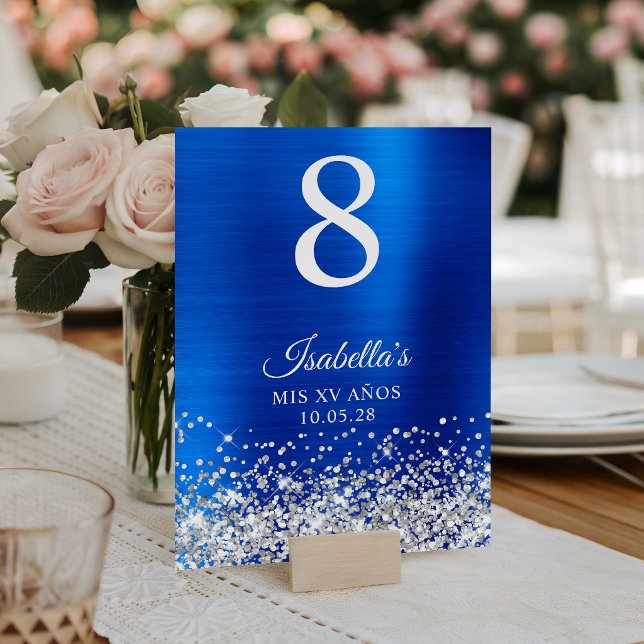Silver Glitter Royal Blå Folie Mis XV Årsfirande Bordsnummer (Silver Glitter Royal Blue Foil Mis XV Anos Table Number)