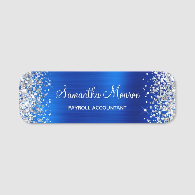 Silver Glitter Royal Blå Folie Namn Titel Namnbricka (Framsida)