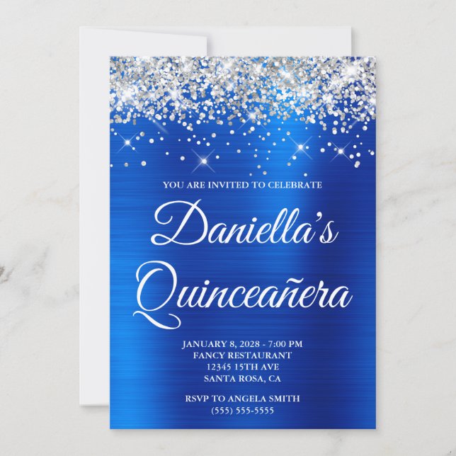 Silver Glitter Royal Blå Folie Quinceañera Inbjudningar (Framsida)