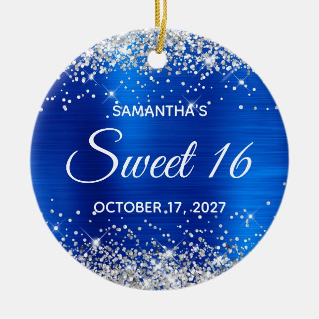 Silver Glitter Royal Blå Folie Sweet 16 Födelsedag Julgransprydnad Keramik (Framsidan)