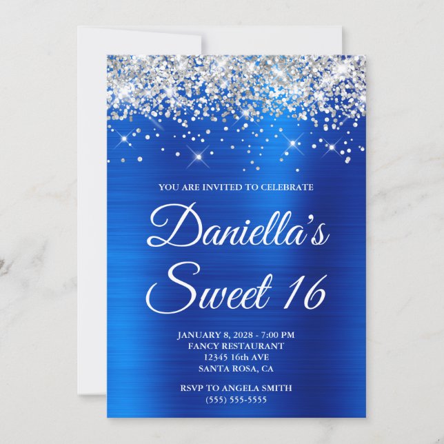 Silver Glitter Royal Blå Folie Sweet 16 Inbjudningar (Framsida)