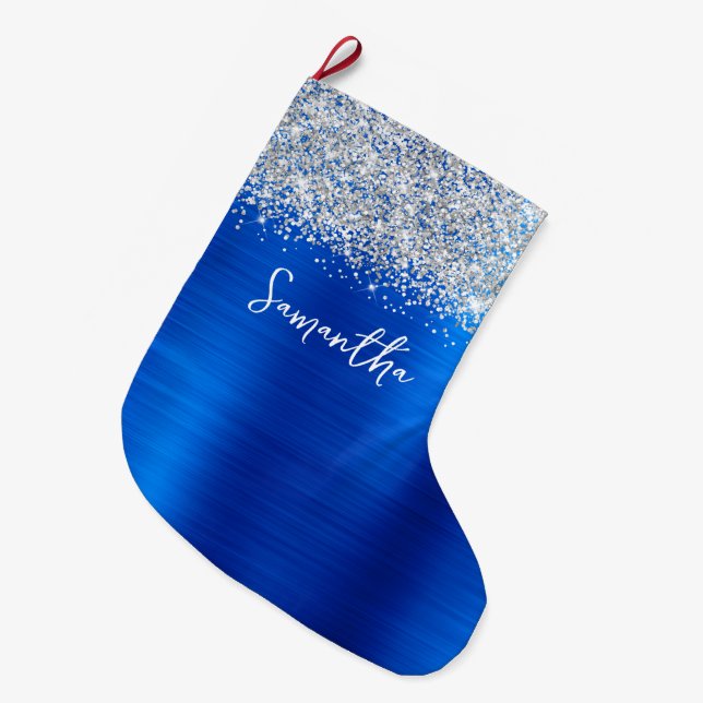 Silver Glitter Royal Blå Glam Namn Stor Julstrumpa (Framsidan (Hängande))