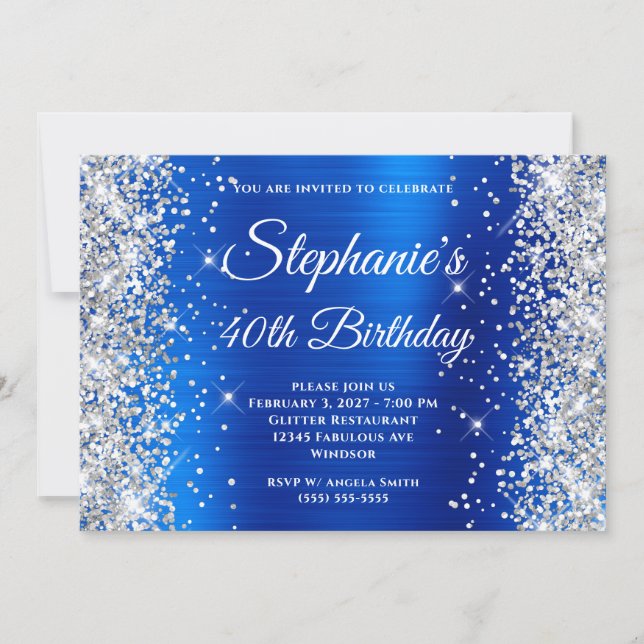 Silver Glitter Royal Blå Monogram 40-årsfirande Inbjudningar (Framsida)