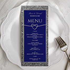 Silver Glitter Royal Blue Bröllop Menu Meny