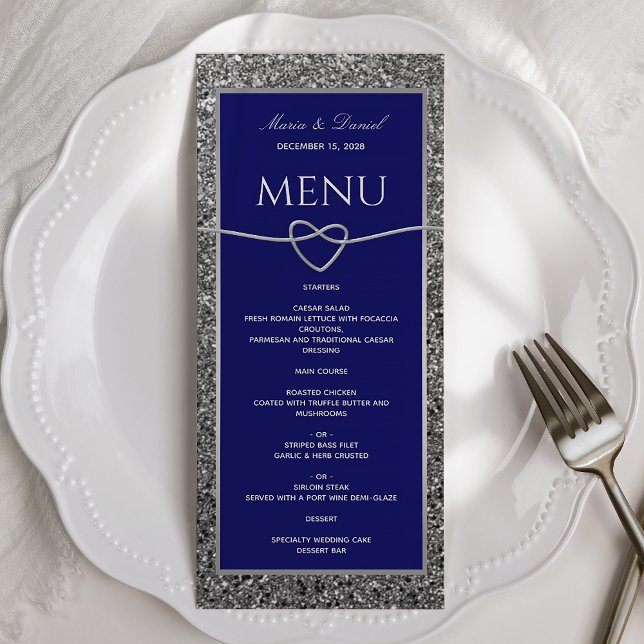 Silver Glitter Royal Blue Bröllop Menu Meny (Skapare uppladdad)