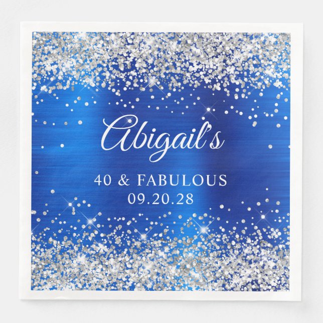 Silver Glitter Royal Blue Foil 40 & Fabulous Pappersservett (Framsida)