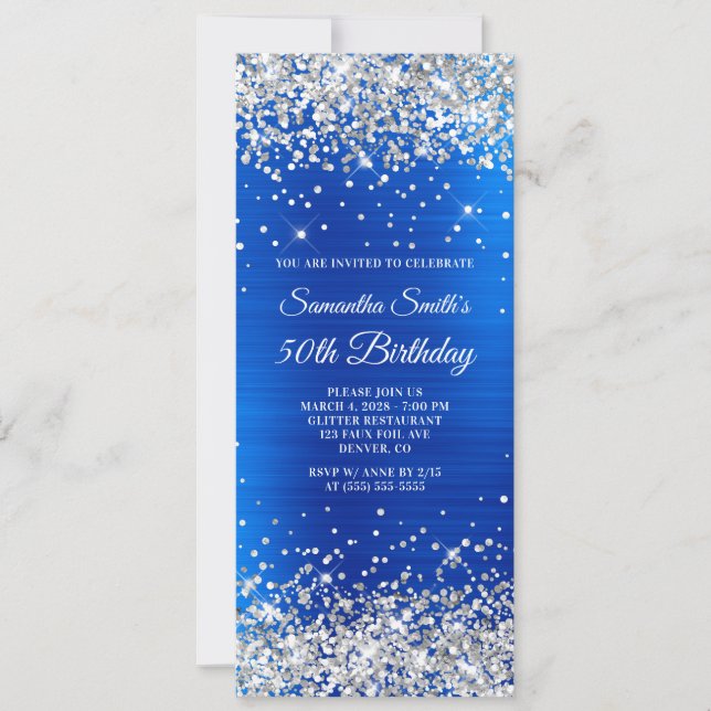 Silver Glitter Royal Blue Foil 50:e födelsedagen Inbjudningar (Framsida)