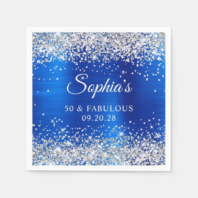 Silver Glitter Royal Blue Foil 50 & Fabulous Pappersservett (Framsidan)