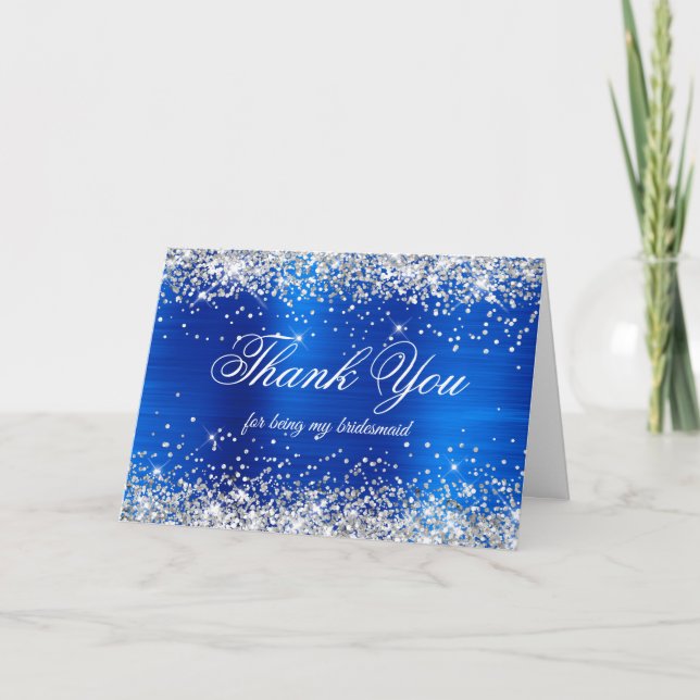 Silver Glitter Royal Blue Foil Bridesmaid Tack Kort (Framsida)