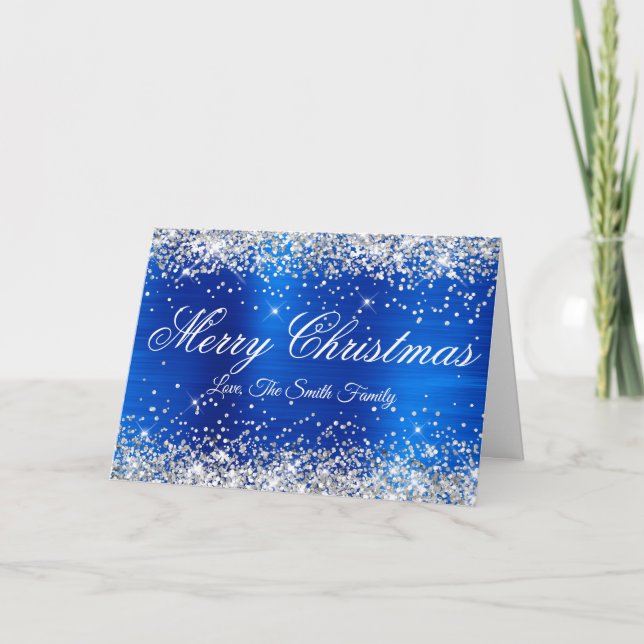 Silver Glitter Royal Blue Foil Family Photo Kort (Framsida)