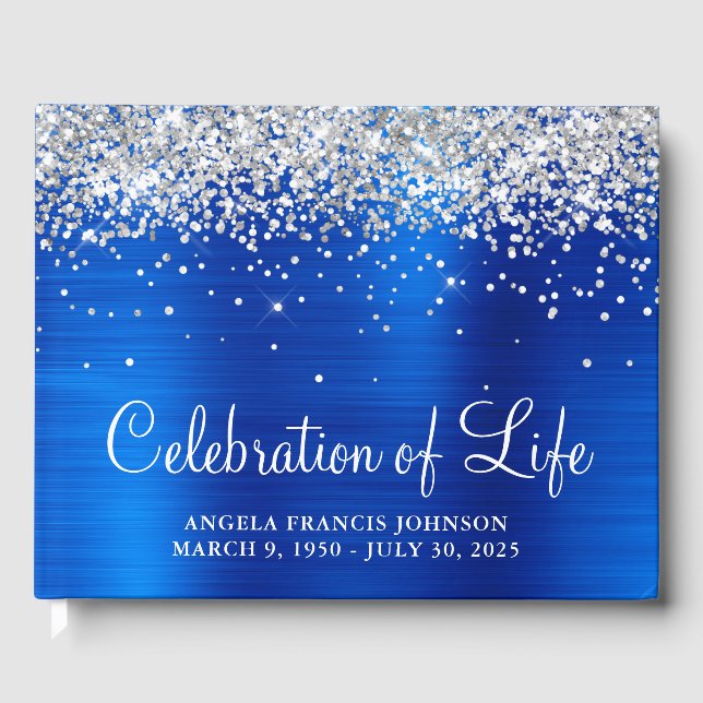 Silver Glitter Royal Blue Foil Firande of Life Gästböcker (Framsida)