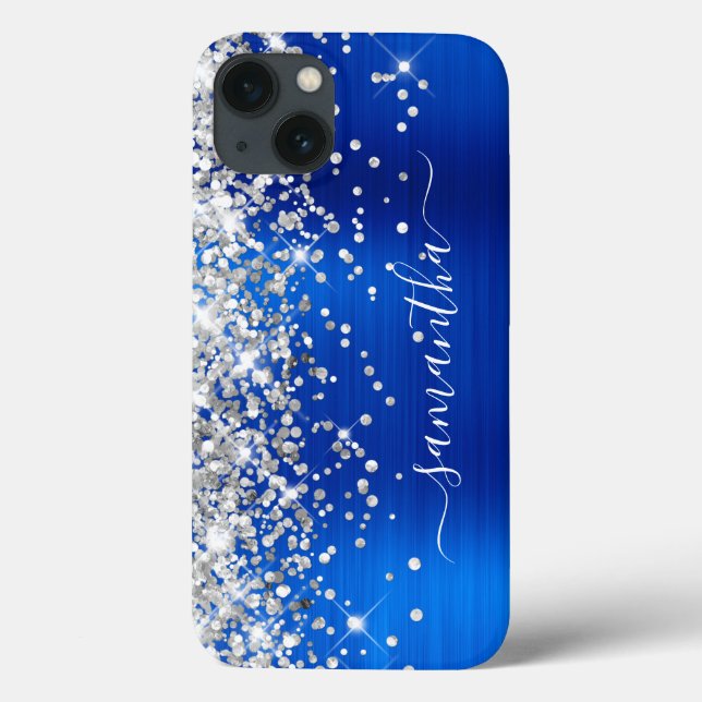 Silver Glitter Royal Blue Foil Girly Namnteckning (Baksida)