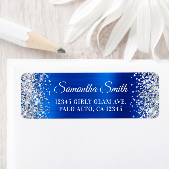 Silver Glitter Royal Blue Foil Glam Returadress Etikett (Insitu)