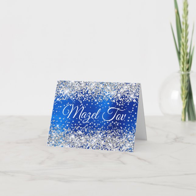 Silver Glitter Royal Blue Foil Mazel Tov Kort (Framsida)
