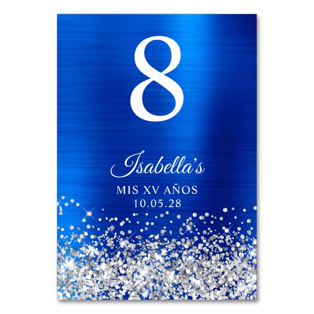 Silver Glitter Royal Blue Foil Mis XV Anos Bordsnummer (Framsidan)
