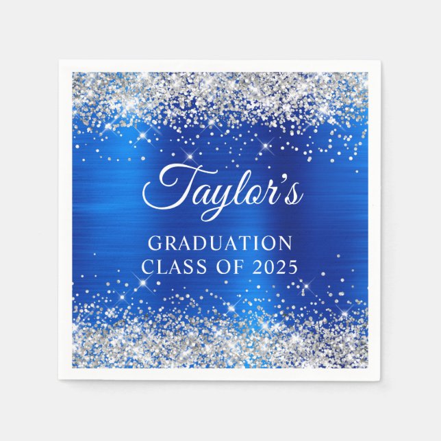 Silver Glitter Royal Blue Foil Studenten Pappersservett (Framsidan)