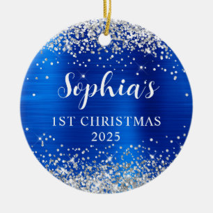 Silver Glitter Royal Blue Folie 1:a julen Foto Julgransprydnad Keramik