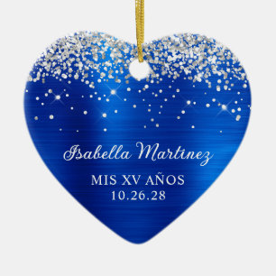 Silver Glitter Royal Blue Folie Mis XV Års Foto Julgransprydnad Keramik