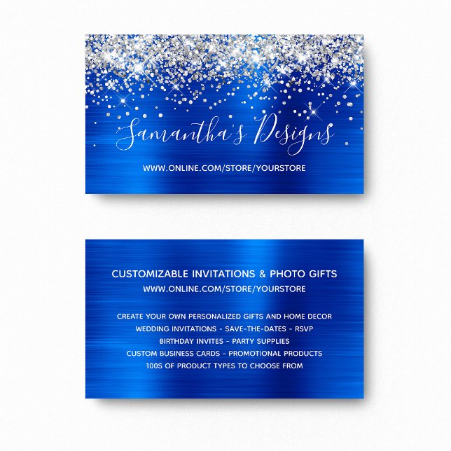 Silver Glitter Royal Blue Folie Webbutik Visitkort (Silver Glitter Royal Blue Foil Online Store Business Card)