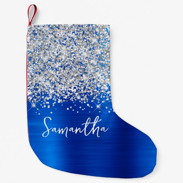 Silver Glitter Royal Blue Glam Namn Liten Julstrumpa (Framsidan)