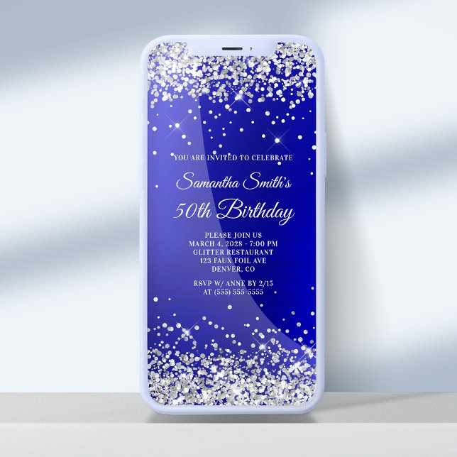 Silver Glitter Royal Blue Satin 50-årsfirande Inbjudningar (Skapare uppladdad)