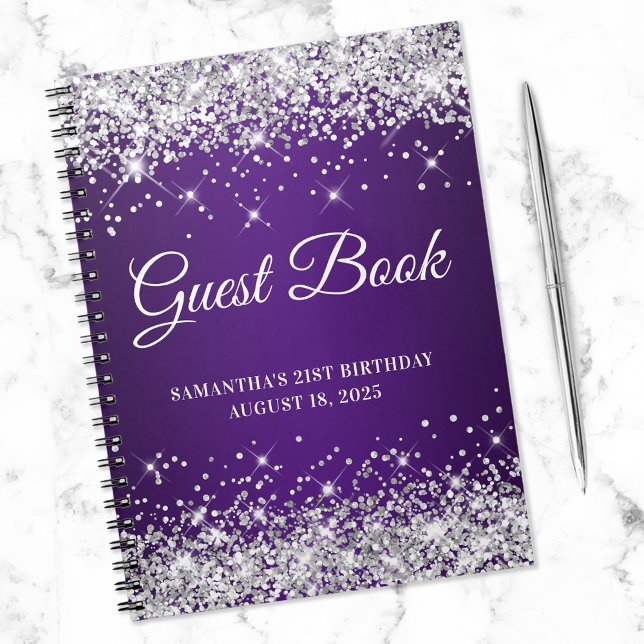 Silver Glitter Royal Lila 21:a Bday Guestbook Anteckningsbok (Skapare uppladdad)