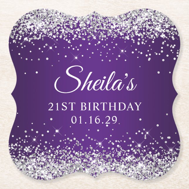 Silver Glitter Royal Lila 21-årsdag Underlägg Papper (Framsida)