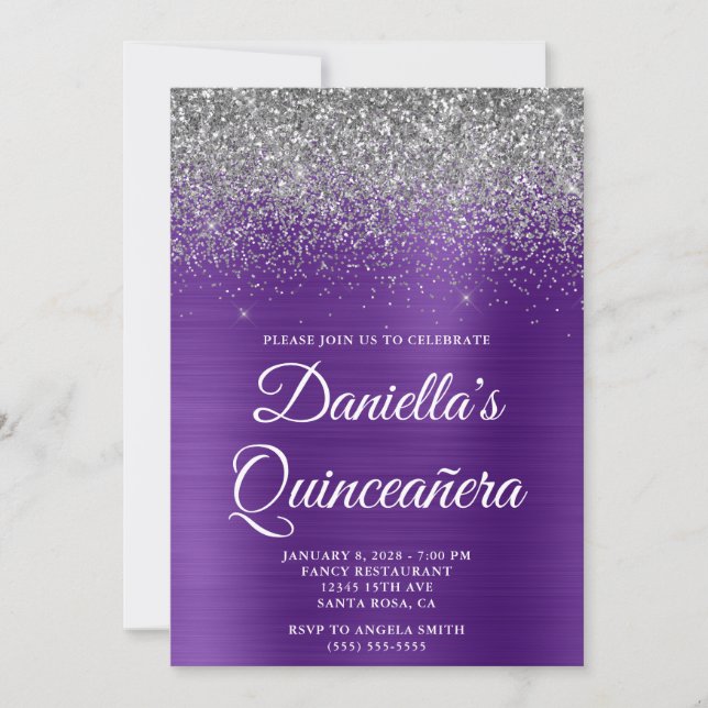 Silver Glitter Royal Lila Foil Quinceañera Inbjudningar (Framsida)