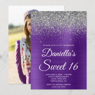 Silver Glitter Royal Lila Folie Foto Sweet 16 Inbjudningar