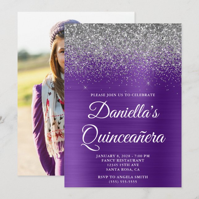 Silver Glitter Royal Lila Foto Quinceañera Inbjudningar (Fram/baksida)