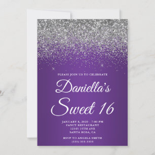 Silver Glitter Royal Lila Gradient Sweet 16 Inbjudningar