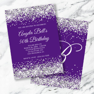 Silver Glitter Royal Lila Monogram 50 födelsedagar Inbjudningar