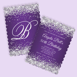 Silver Glitter Royal Lila Monogram 50 födelsedagar Inbjudningar