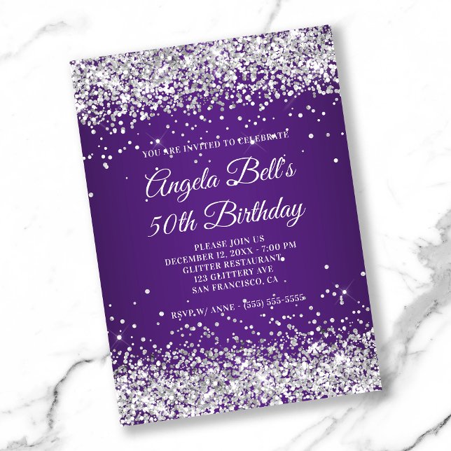 Silver Glitter Royal Lila Ombre 50:e födelsedagen Inbjudningar (Skapare uppladdad)
