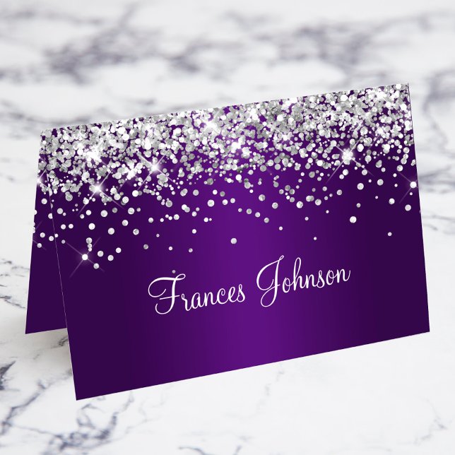 Silver Glitter Royal Lila Ombre Namn Plattort Bordsnummer (Silver Glitter Royal Purple Ombre Name Place Cards)