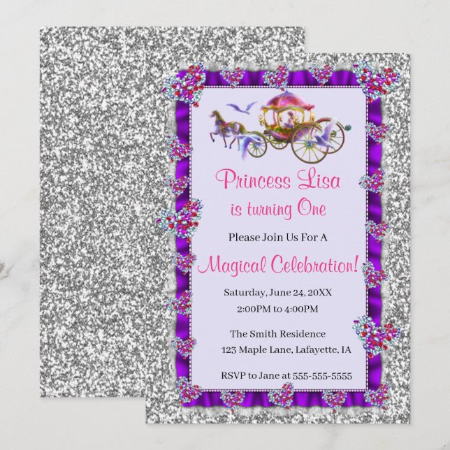 Silver Glitter Royal Princess Birthday Inbjudningar (Fram/baksida)