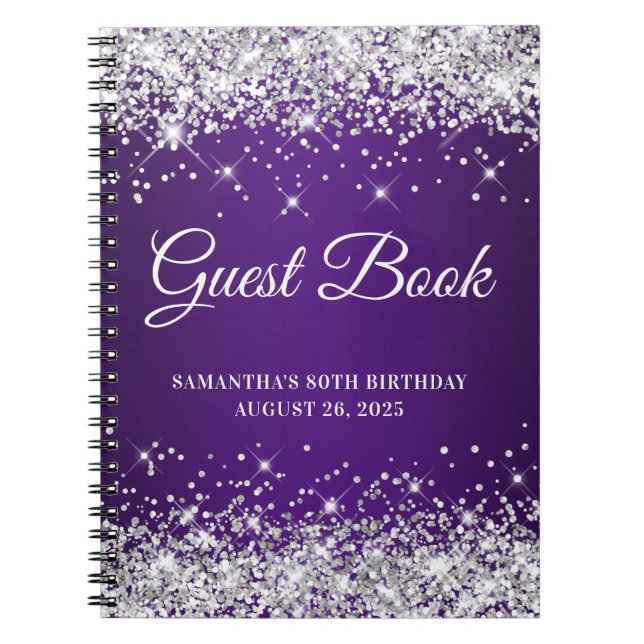 Silver Glitter Royal Purple 80-årsfirande Gästbok Anteckningsbok (Framsidan)