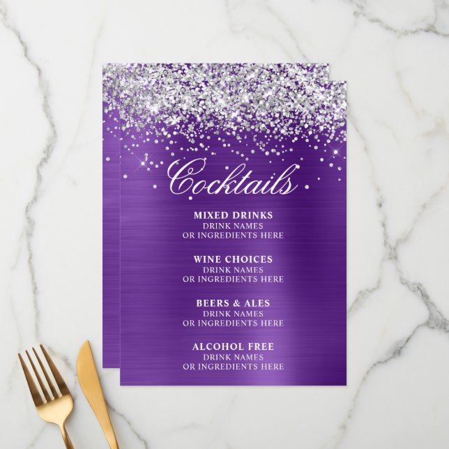 Silver Glitter Royal Purple Foil Cocktails Bar Meny (Fram/Back In Situ)