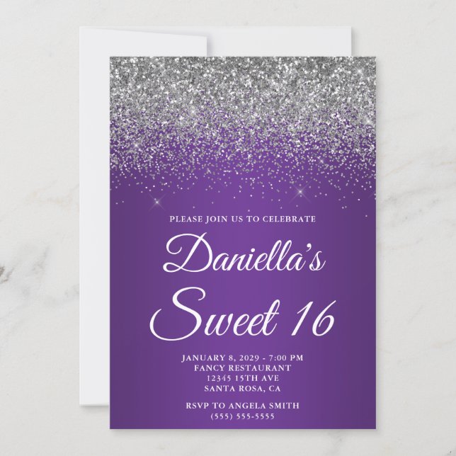 Silver Glitter Royal Purple Gradient Sweet 16 Inbjudningar (Framsida)