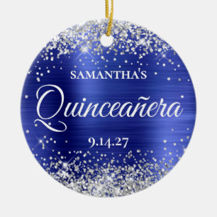 Silver Glitter Safirblå Quinceañera Foto Julgransprydnad Keramik