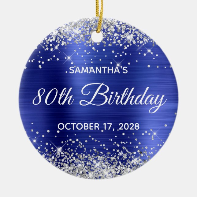 Silver Glitter Sapphire Foil 80 Birthday Julgransprydnad Keramik (Framsidan)
